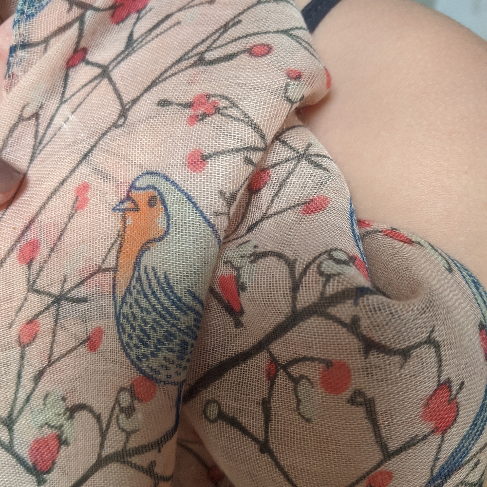 Long peach scarf, bird motif, blue and coral 3/$20